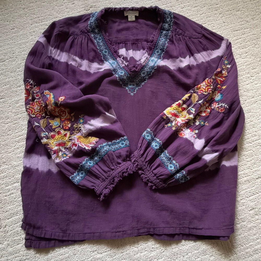 Sundance Purple Tie Dye Embroidered Boho Cotton Blouse Top PM Peasant Cottage